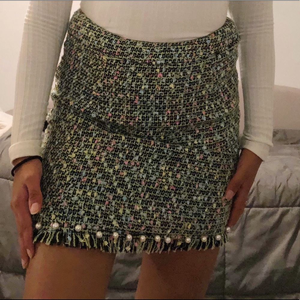 Mostly Green Tweed Mini Skirt with Pearl Details
